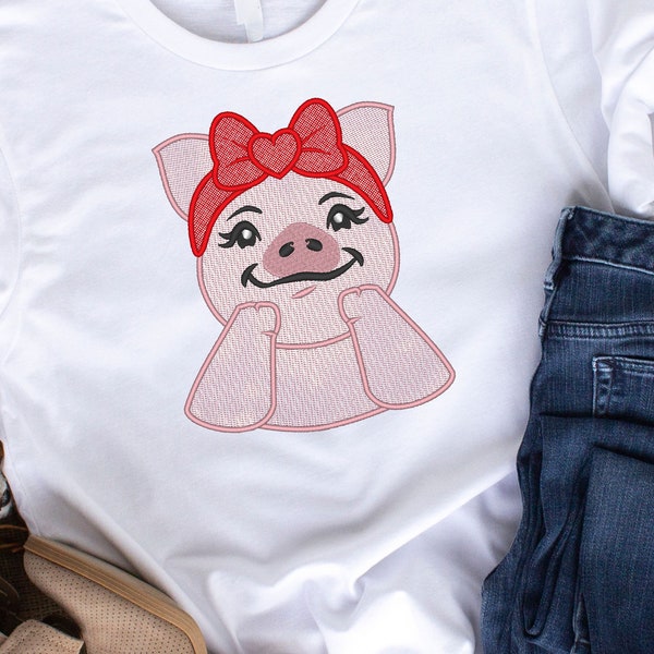 Adorable Piggy Piggie Pig Piglet with bandanna bow farm animal girl Light Stitch machine embroidery designs in many sizes cute pig portrait
