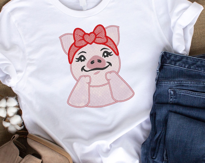 Adorable Piggy Piggie Pig Piglet with bandanna bow farm animal girl Light Stitch machine embroidery designs in many sizes cute pig portrait