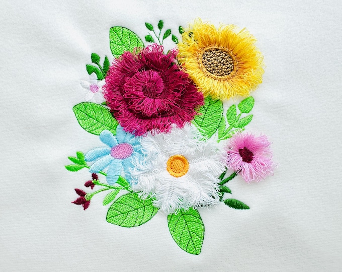 Fringed Floral Summer Garden Bouquet fluffy fringe Flower Sunflower Rose Daisy girls machine embroidery designs fuzzy sizes 4 up to 5.5 inch