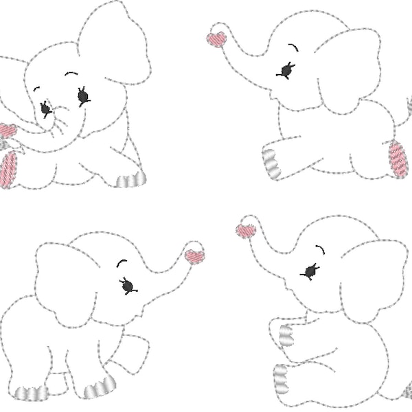 Light stitch outline triple bean stitch Elephants 4 types INSTANT DOWNLOAD machine embroidery designs, kids baby little elephant mini sizes