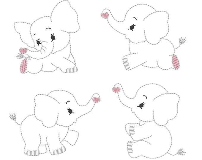 Light stitch outline triple bean stitch Elephants 4 types INSTANT DOWNLOAD machine embroidery designs, kids baby little elephant mini sizes