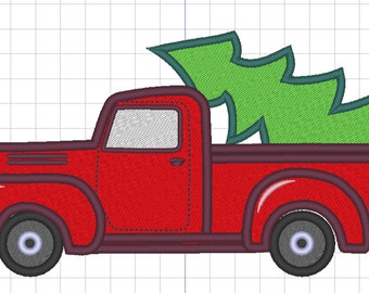 Station wagon with Christmas tree Red Truck with Christmas tree in the back Vintage machine embroidery applique and fill design 4x4 5x7 6x10
