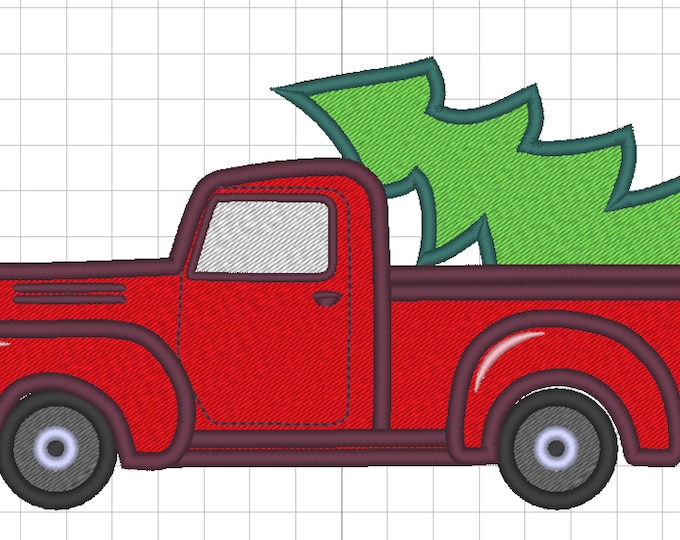 Station wagon with Christmas tree Red Truck with Christmas tree in the back Vintage machine embroidery applique and fill design 4x4 5x7 6x10