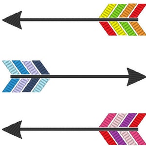 Puede incluir: Tres flechas coloridas con ejes negros y plumas de diferentes colores. La flecha superior tiene plumas rojas, naranjas, amarillas y verdes. La flecha del medio tiene plumas azules, azules claras y moradas. La flecha inferior tiene plumas rosas, moradas, rojas y blancas.