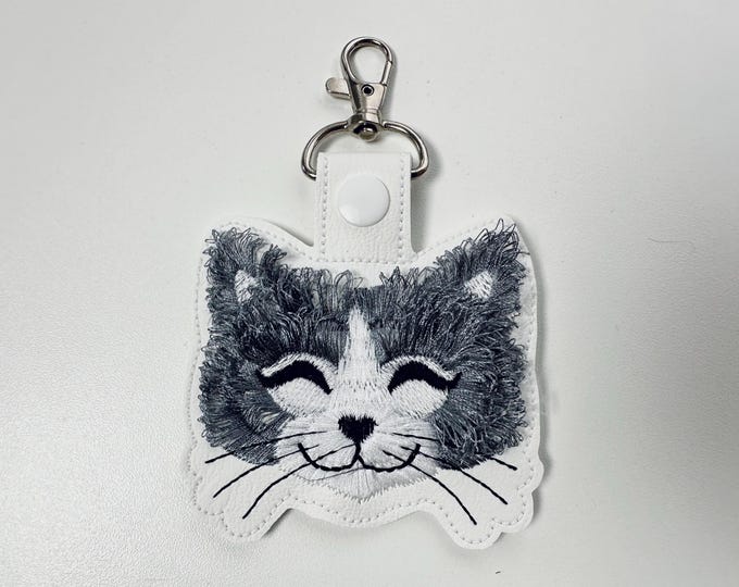 Fringed Fluffy Kitty Cat Kitten Eyelet and Key Fob Snap Tab in the hoop machine embroidery designs ITH cute keychain bag tag kids gift idea