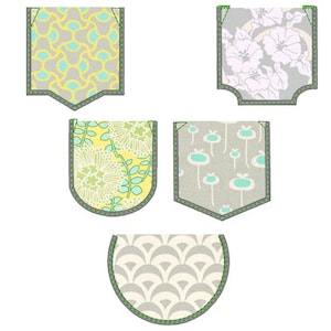May include: Five different fabric pocket designs with green stitching. The pockets are in various shapes, including a rounded rectangle, a rounded square, and a rounded U-shape. The fabrics feature different patterns, including floral, geometric, and abstract designs.