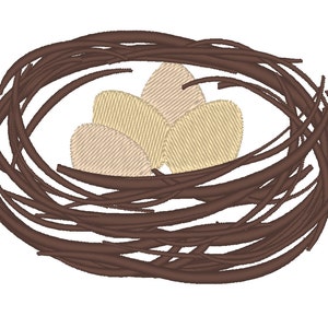 May include: A brown woven bird's nest with three beige eggs inside.