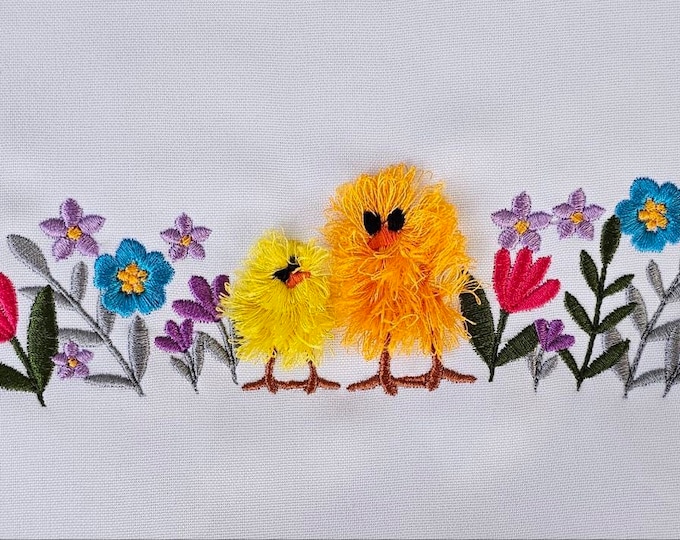 Floral border row hidden Chicks fringed Chick design Easter machine embroidery designs kids baby gown Christ flower stem grass Chick shirt