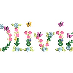 May include: The name "Olivia" is spelled out in colourful embroidered letters, surrounded by pink, blue and yellow flowers and butterflies.