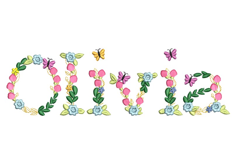 May include: The name "Olivia" is spelled out in colourful embroidered letters, surrounded by pink, blue and yellow flowers and butterflies.