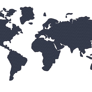 Wanderlust wereldkaart machineborduurontwerpen, vulsteek wereldbol - diverse maten voor borduurring 4 x 4, 5 x 7, 6 x 10 kaart van de wereld silhouet