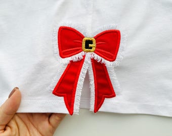 Fringed fluffy Bow Santa Claus side bow split seam in the hoop Applique machine embroidery designs Christmas Bow sweatshirt t-shirt design