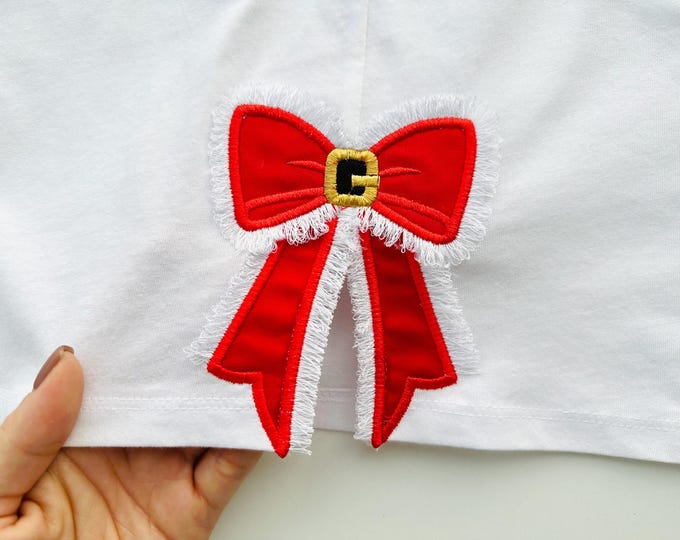 Fringed fluffy Bow Santa Claus side bow split seam in the hoop Applique machine embroidery designs Christmas Bow sweatshirt t-shirt design