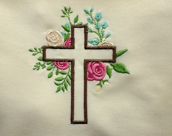 Floral Cross Applique Rose bouquet garden flower machine embroidery designs Christian Cross assorted sizes 4 up to 5.5 inch for hoop 4x4 5x7