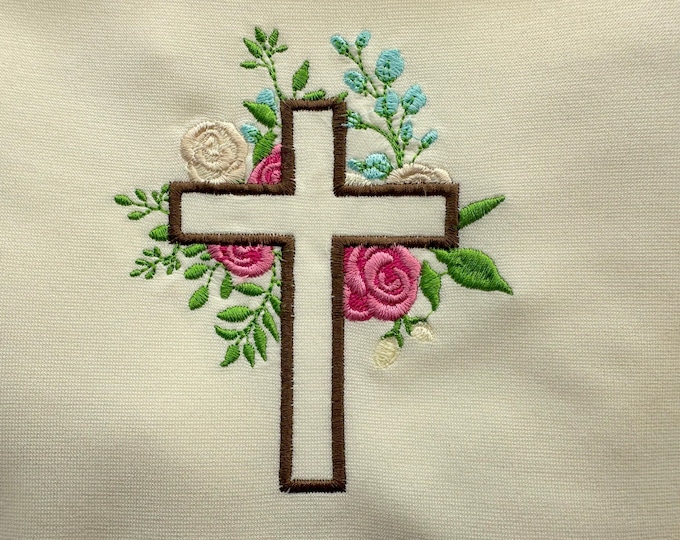 Floral Cross Applique Rose bouquet garden flower machine embroidery designs Christian Cross assorted sizes 4 up to 5.5 inch for hoop 4x4 5x7