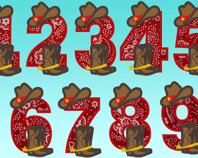 Simply Cowboy Birthday numbers - whole set - machine embroidery applique designs 5x7