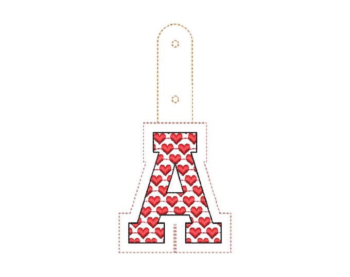 Heart print patterned Key fob snap tab monogram A-Z and numbers 0-9 in the hoop ITH bag tag keychain machine embroidery designs for hoop 5x7