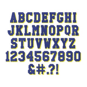 May include: A blue and yellow alphabet and number font with a varsity style. The letters and numbers are outlined in yellow and have a shadow effect. The font includes the characters A-Z, 0-9, ampersand, number sign, period, question mark, and exclamation point.