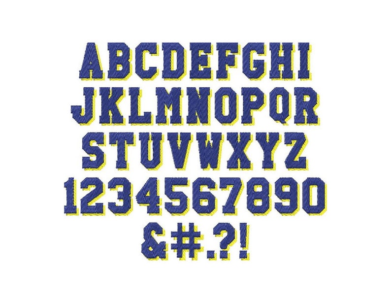 May include: A blue and yellow alphabet and number font with a varsity style. The letters and numbers are outlined in yellow and have a shadow effect. The font includes the characters A-Z, 0-9, ampersand, number sign, period, question mark, and exclamation point.