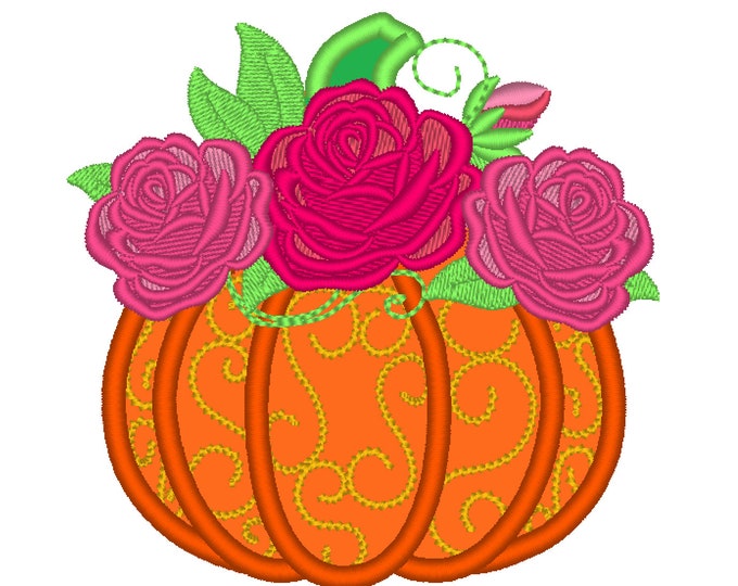 Autumn pumpkin with shabby chick roses flower floral crown applique machine embroidery designs sweet pumpkin Thanksgiving applique design