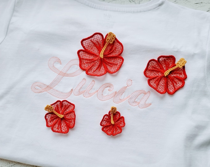 Hibiscus Hawaii summer flower 3D  three-dimensional, 3 dimensional, FSL, Free standing lace embroidery design in the hoop ITH embroidery