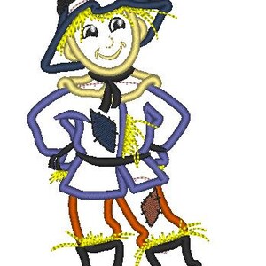 May include: A cartoon scarecrow with a blue hat, yellow hair, a blue shirt, orange pants, and black boots. The scarecrow is smiling and has a straw-like texture.