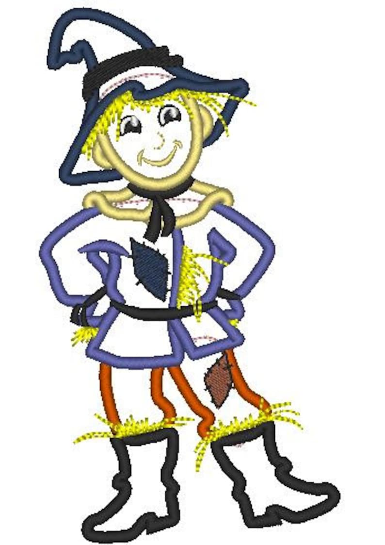 May include: A cartoon scarecrow with a blue hat, yellow hair, a blue shirt, orange pants, and black boots. The scarecrow is smiling and has a straw-like texture.