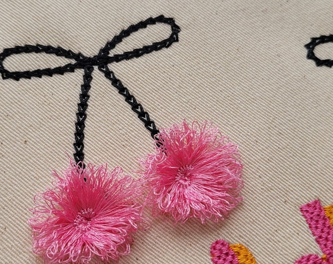 Fringed fluffy Cherry Pom Pom bow machine embroidery designs for hoop 4x4 sizes 1.5, 2, 2.5 and 3 inches awesome fringe fur pink cherry ITH