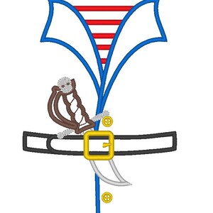 May include: An embroidered design of a pirate costume with a blue and white striped shirt, a red and white striped sash, a brown belt with a gold buckle, and a silver sword.
