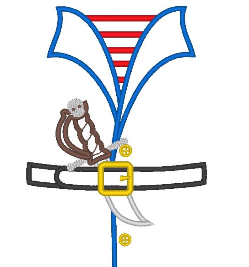 May include: An embroidered design of a pirate costume with a blue and white striped shirt, a red and white striped sash, a brown belt with a gold buckle, and a silver sword.