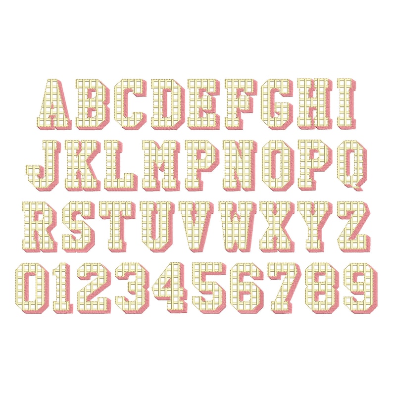 SET of 4 Patterned Fonts Dots Checks Waves and Cubes alphabet letters & numbers machine embroidery design assorted sizes combine and merge image 5