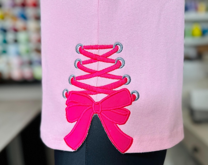 Girly Lace Up Bow Applique machine embroidery designs Lacing Bow ribbon t-shirt sweatshirt side bow split seam Heirloom Bow design