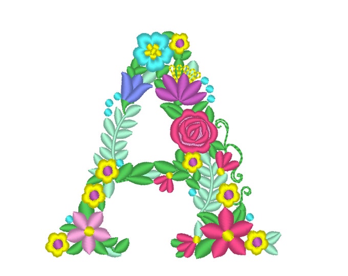 Floral letter A garden flag monogram liberty fashioned flowers flower Font machine embroidery designs monogram A only 4, 5, 6 and 8 in