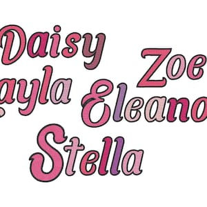Bold cursive fill stitch and solid outline Font alphabet monogram letters machine embroidery designs in assorted sizes, girl name font, BX