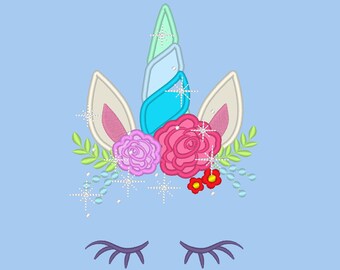 Bling Unicorn head with shabby chick roses crown applique, machine embroidery designs applique Rainbow unicorn embroidery unicorn face