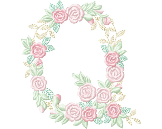 Delicate Roses Floral letter Q garden flag monogram flowers flower flowered Font machine embroidery designs 3.5, 4, 5, 6, 7, 8 in