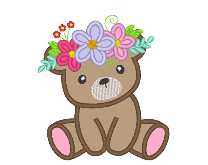 Little teddy bear with floral crown rose daisy flower, bear baby kids with flowers applique machine embroidery designs for hoop 4x4, 5x7