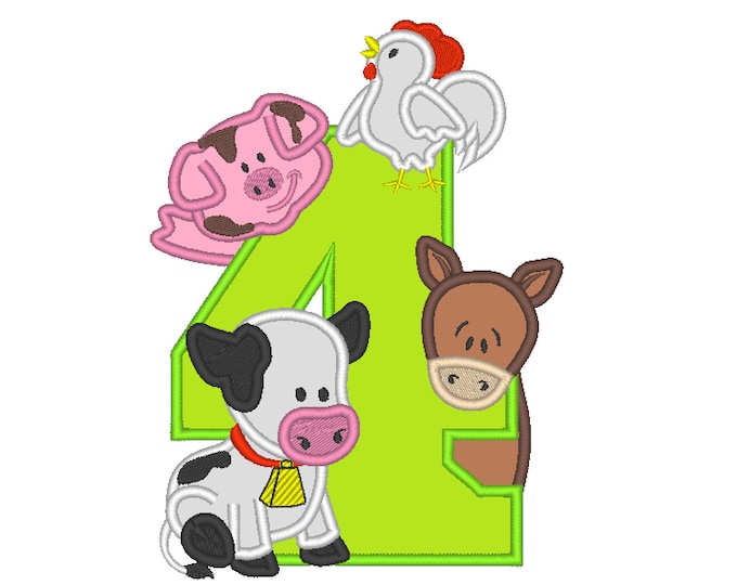 Farm birthday number FOUR 4 with cow, pig, horse and rooster, cute farm animal machine embroidery applique designs 5x7 6x10 assorted sizes