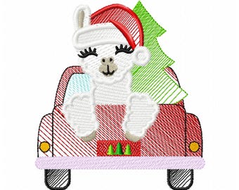 Sketch light stitch Llama Alpaca on Red Truck Station wagon with Christmas tree kids machine embroidery designs for hoop 4x4 and 5x7