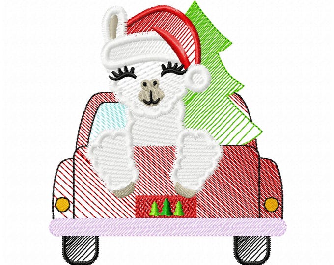 Sketch light stitch Llama Alpaca on Red Truck Station wagon with Christmas tree kids machine embroidery designs for hoop 4x4 and 5x7