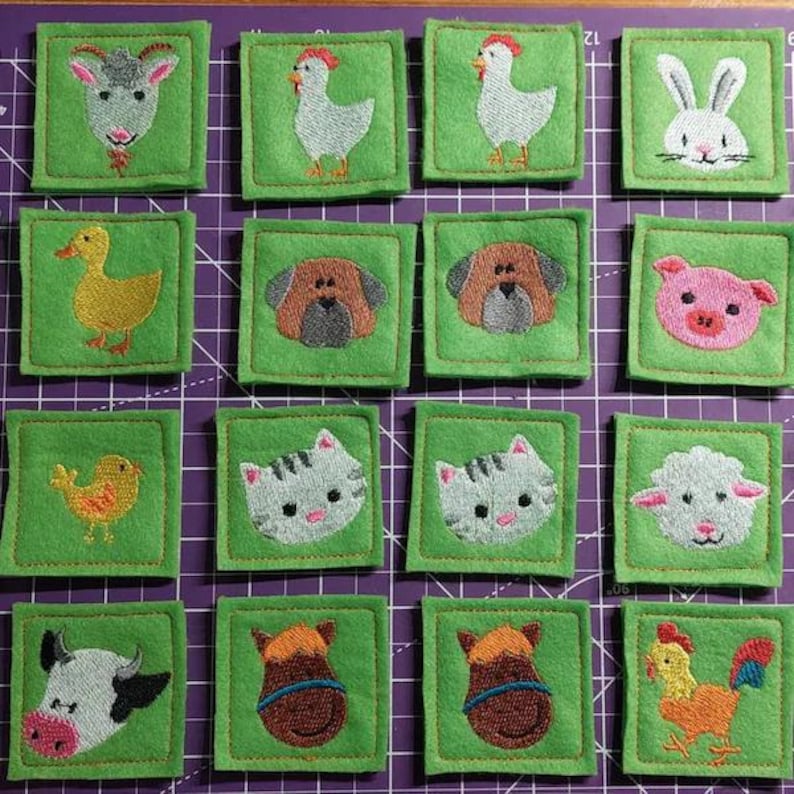 Memory game "FARM" machine embroidery design In the hoop embroidery ITH project for hoop 4x4, 5x7, 6x10 kids match game farm animals faces image 8