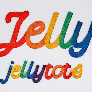 Könnte beinhalten: Regenbogenbestickte Patches mit den Worten "Jelly" und "Jellytots".