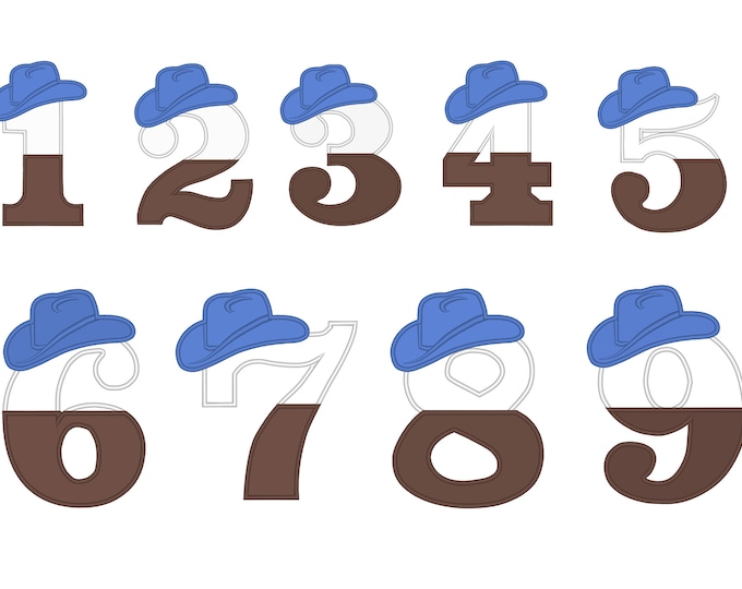 Little Cowboy Birthday Number Set 1-9 wide satin stitch Cowboy HAT Applique machine embroidery designs Split numbers applique for boy outfit