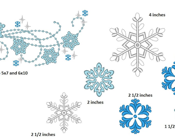 Snowflakes and swirl sparkle tail SET of 3 snowflake + swirl tail fill stitch machine embroidery designs assorted sizes winter holidays kids