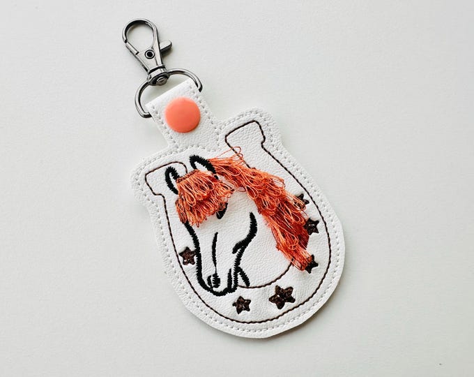 Horse Fluffy Hair Horseshoe fringed Eyelet and Key Fob Snap Tab in the hoop machine embroidery designs ITH keychain cowboy kids gift idea