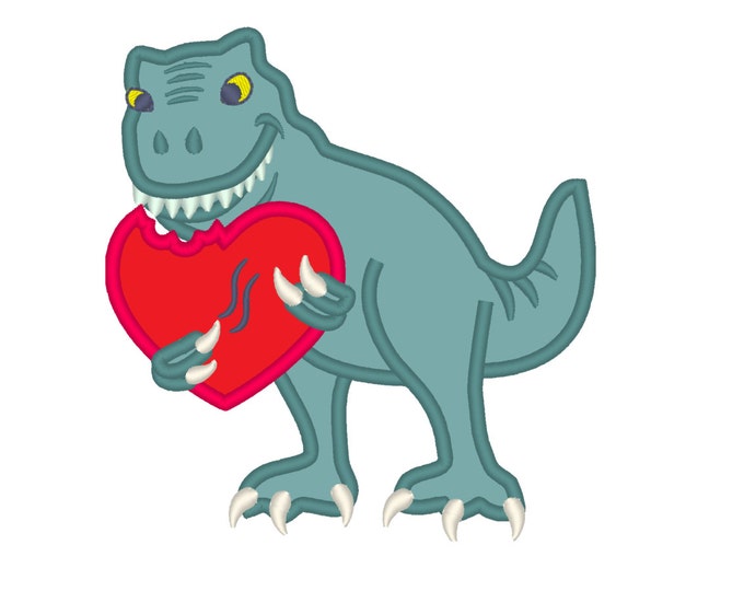 T-rex Valentine dinosaur Birthday with heart, machine embroidery love outfit designs - assorted sizes, for hoops 4x4, 5x7, 6x10