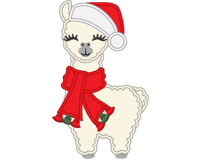 Santa hat winter llama applique machine embroidery designs many sizes, Llama Alpaca with Santa Christmas hat and fringed scarf kids baby boy