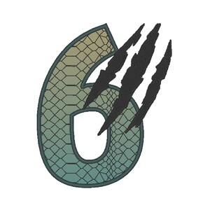 May include: A green and yellow number six with a scaly texture and three black claw marks coming out of the top right side.