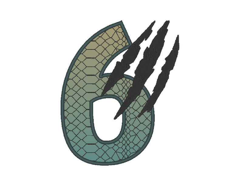 May include: A green and yellow number six with a scaly texture and three black claw marks coming out of the top right side.