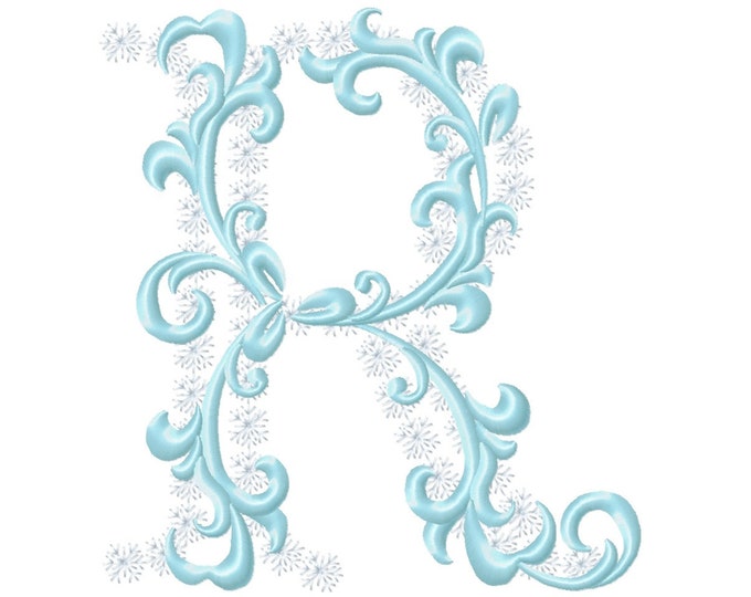 Frozen snow Christmas Individual letter R garden flag monogram snowflakes Font machine embroidery design 3, 4, 5, 6, 7, 8 in